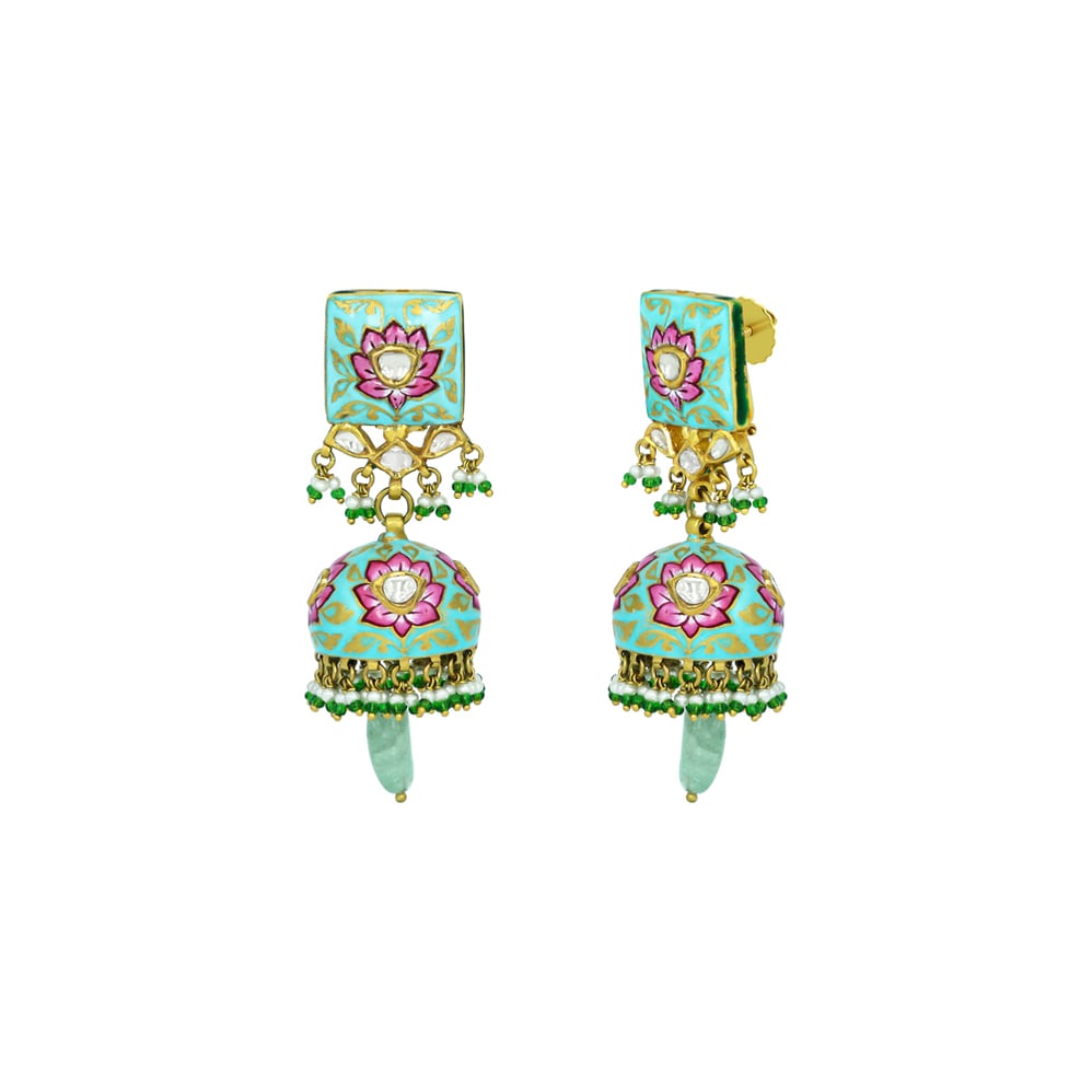 Lotus Enamel Jhumkas with Polkis and Russian Emerald Drops